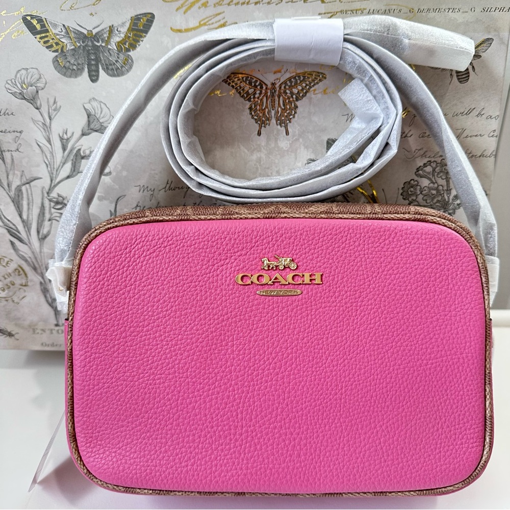 Coach Jamie Pink Tan Leather Crossbody Camera Bag CBM24 Signature Trim Print - Picture 3 of 16